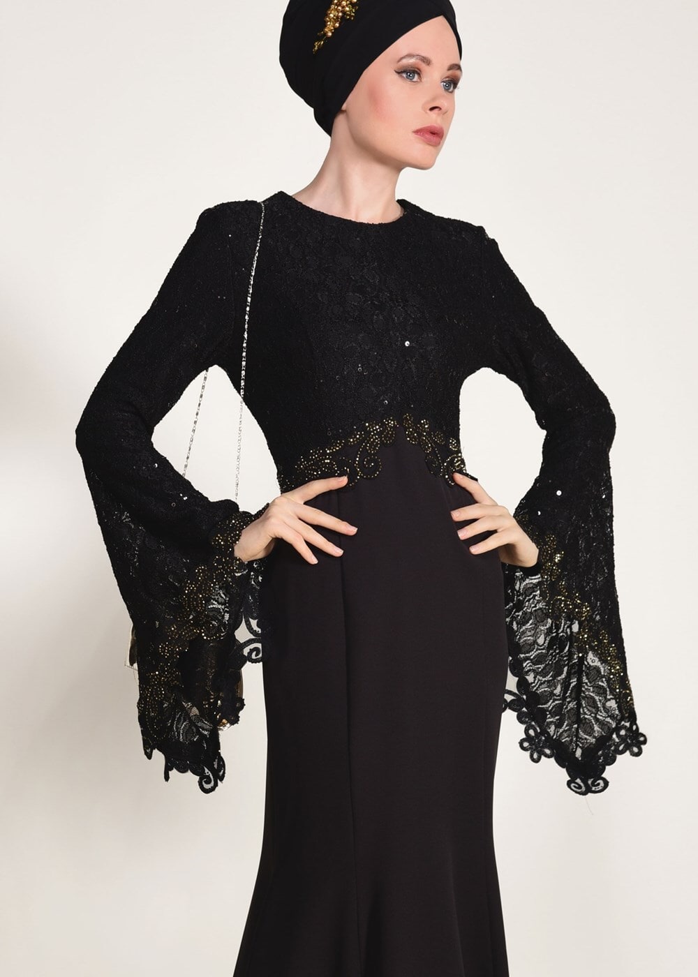 Tesettür giyim SİYAH GÜPÜR DETAYLI BALIK ABİYE ELBİSE 49625