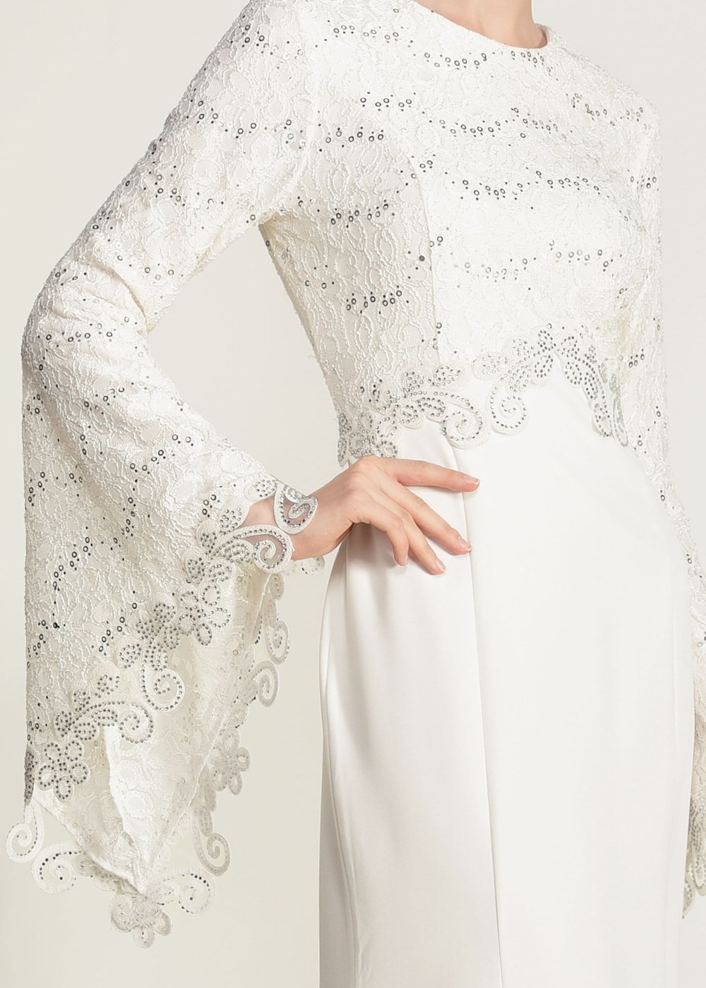 Tesettür giyim KREM GÜPÜR DETAYLI BALIK ABİYE ELBİSE 49625