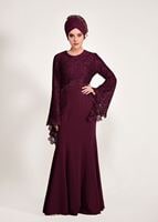 Tesettür giyim BORDO GÜPÜR DETAYLI BALIK ABİYE ELBİSE 49625