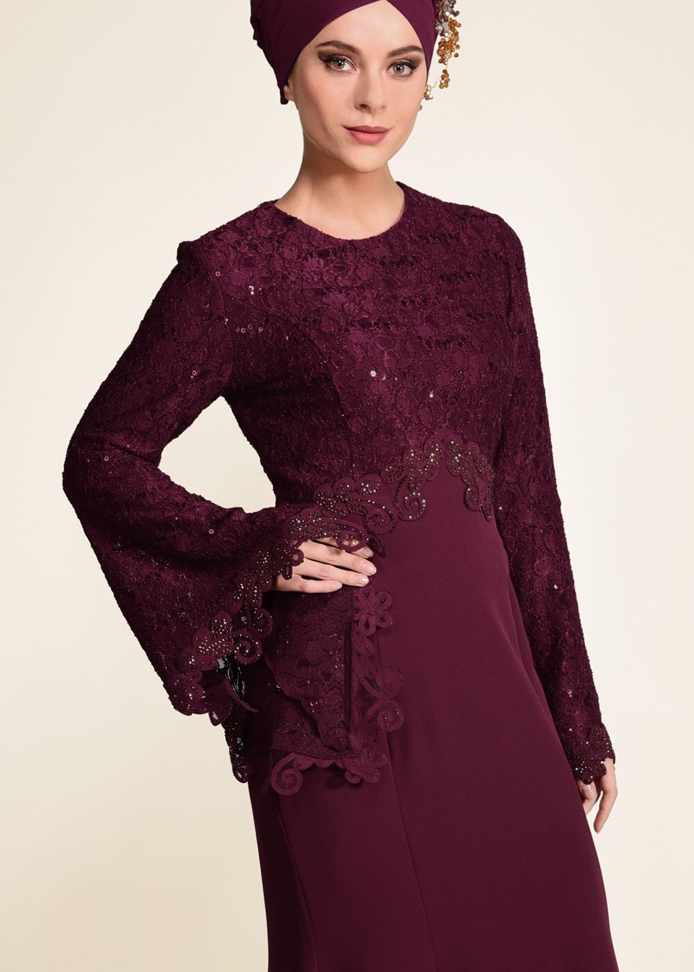 Tesettür giyim BORDO GÜPÜR DETAYLI BALIK ABİYE ELBİSE 49625
