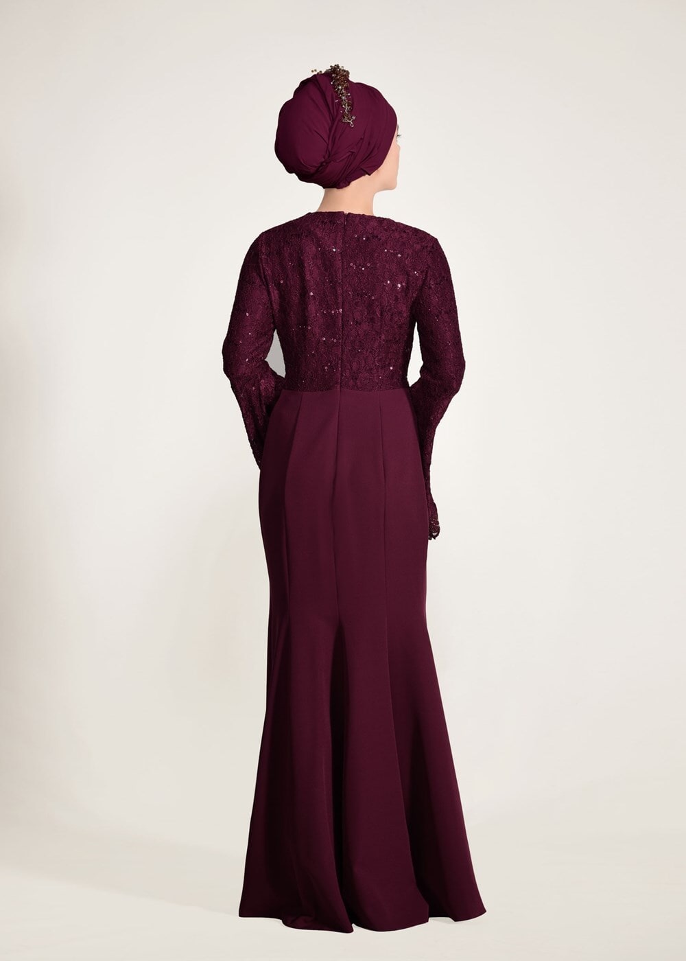 Tesettür giyim BORDO GÜPÜR DETAYLI BALIK ABİYE ELBİSE 49625