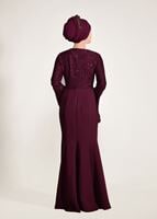 Tesettür giyim BORDO GÜPÜR DETAYLI BALIK ABİYE ELBİSE 49625