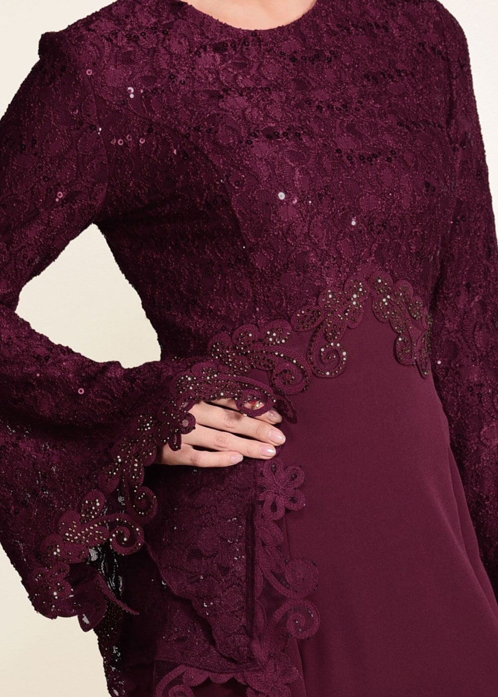 Tesettür giyim BORDO GÜPÜR DETAYLI BALIK ABİYE ELBİSE 49625