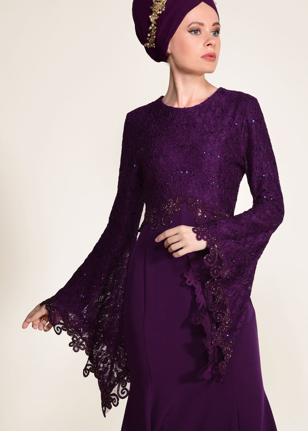 Tesettür giyim MÜRDÜM GÜPÜR DETAYLI BALIK ABİYE ELBİSE 49625