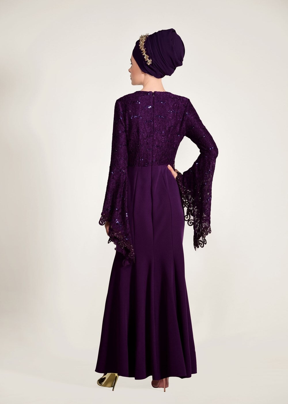 Tesettür giyim MÜRDÜM GÜPÜR DETAYLI BALIK ABİYE ELBİSE 49625