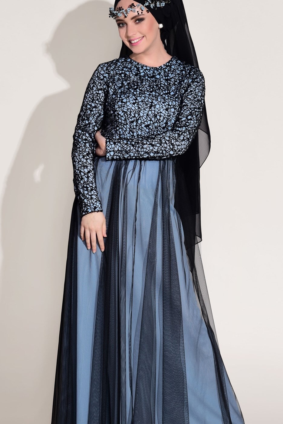 Vêtements hijab BLEU ROBE DE SOIRÉE GUIPUÉE DÉTAIL DENTELLE T 56625