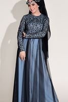 Hijab clothing BLUE LACE DETAIL GUIPURED EVENING DRESS T 56625  
