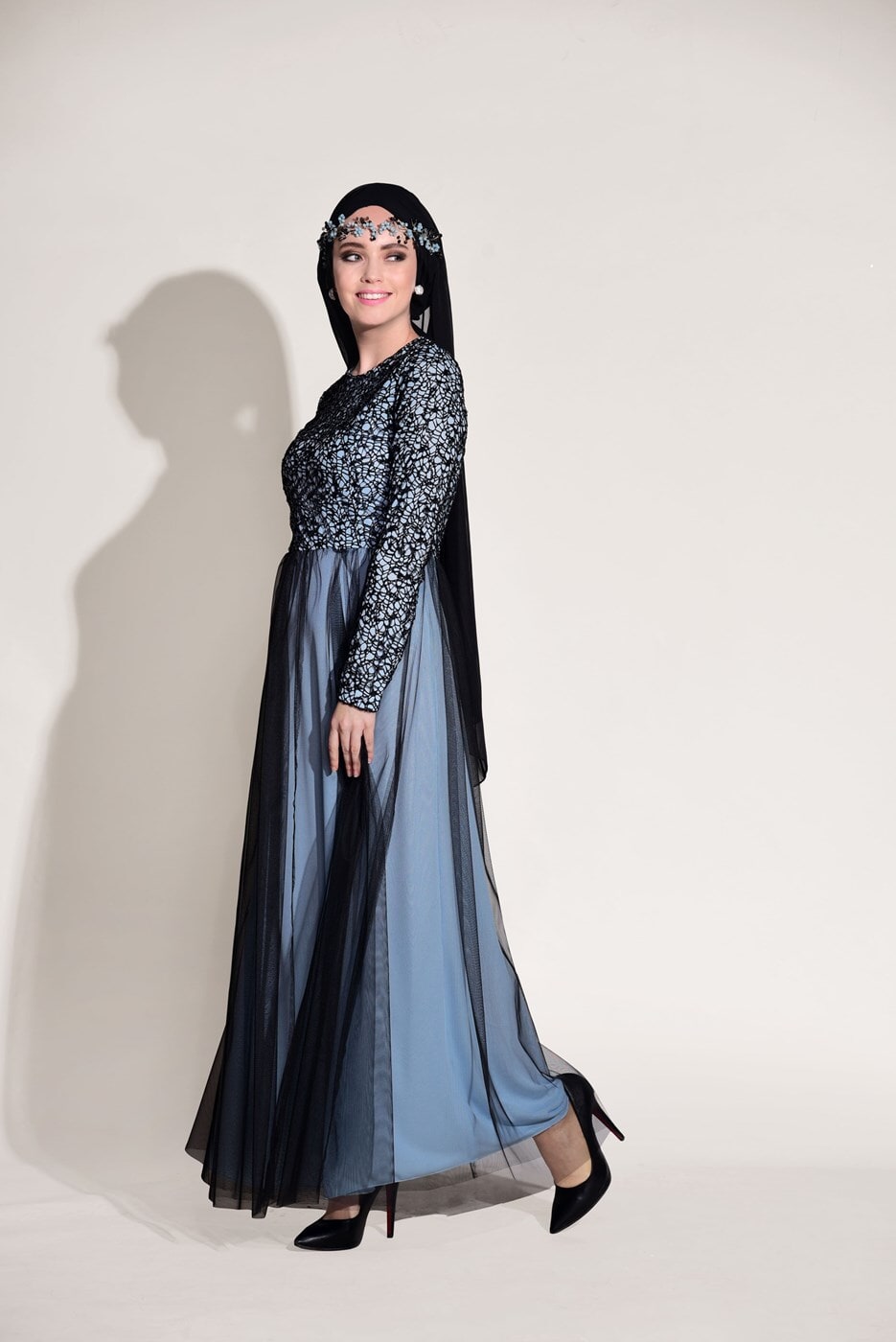 Hijab clothing BLUE LACE DETAIL GUIPURED EVENING DRESS T 56625  