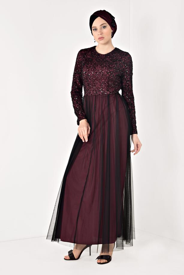 Vêtements hijab  LACE DETAIL GUIPURED EVENING DRESS T 56625   - TRENDTESETTÜR