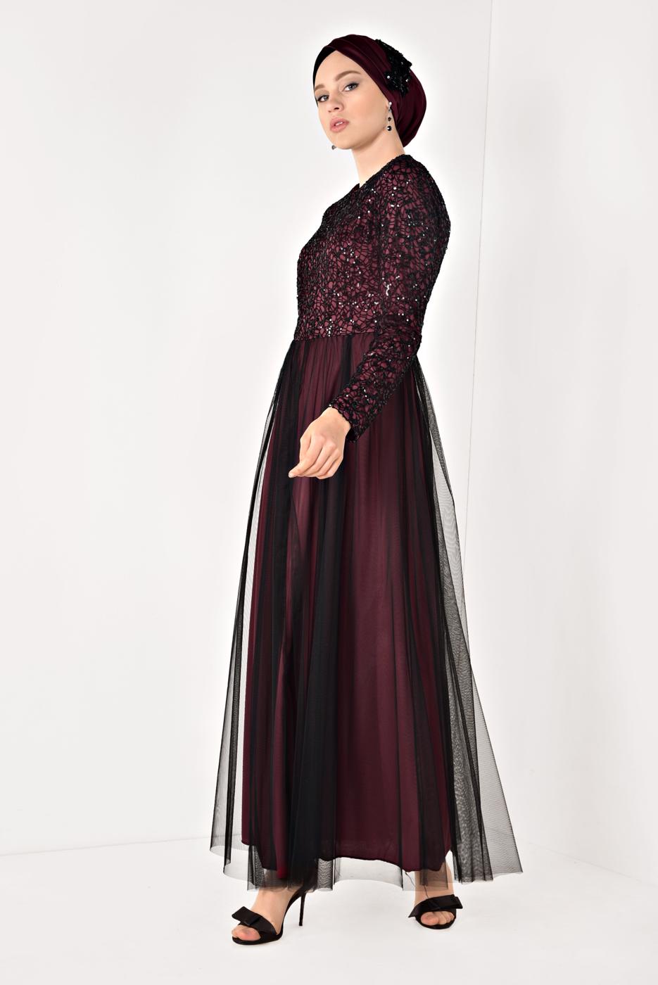 Vêtements hijab ROUGE BORDEAUX ROBE DE SOIRÉE GUIPUÉE DÉTAIL DENTELLE T 56625