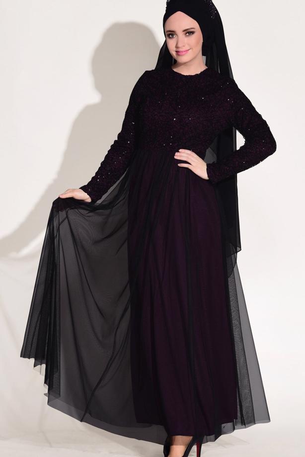 Vêtements hijab  LACE DETAIL GUIPURED EVENING DRESS T 56625   - TRENDTESETTÜR