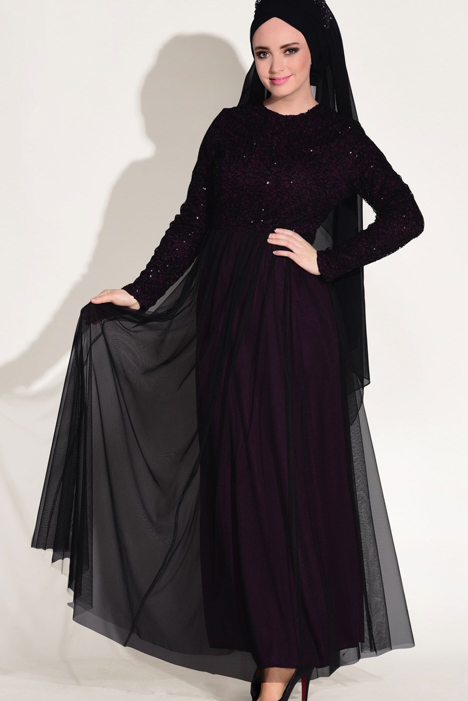 Vêtements hijab PRUNE ROBE DE SOIRÉE GUIPUÉE DÉTAIL DENTELLE T 56625