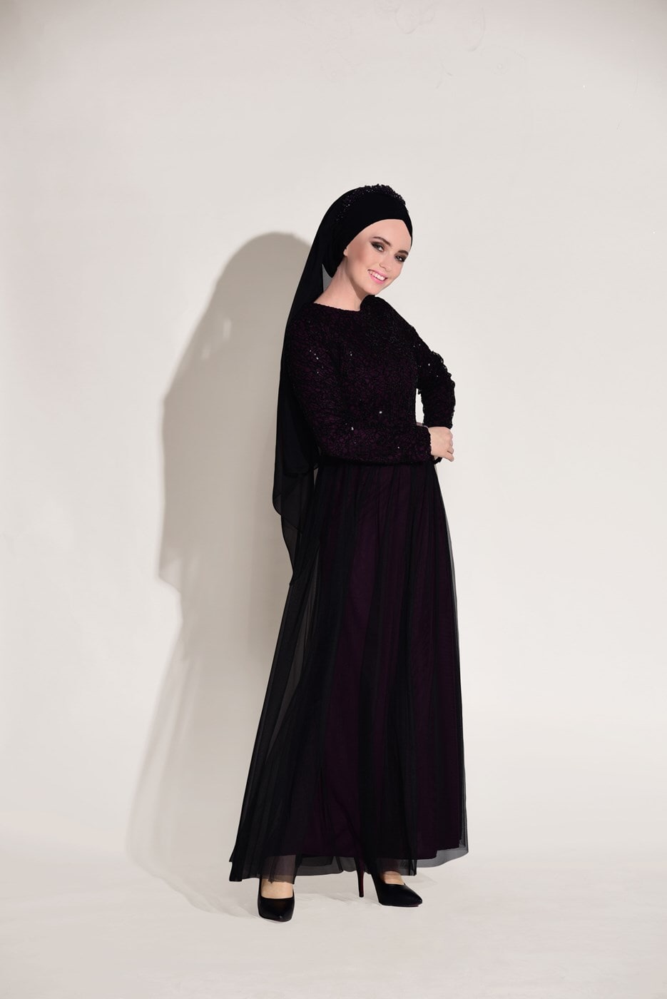 Vêtements hijab PRUNE ROBE DE SOIRÉE GUIPUÉE DÉTAIL DENTELLE T 56625