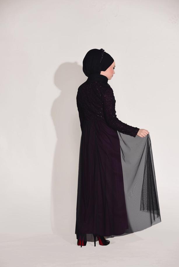 Tesettür giyim  TÜL DETAYLI GÜPÜRLÜ ABİYE ELBİSE T 56625 - TRENDTESETTÜR