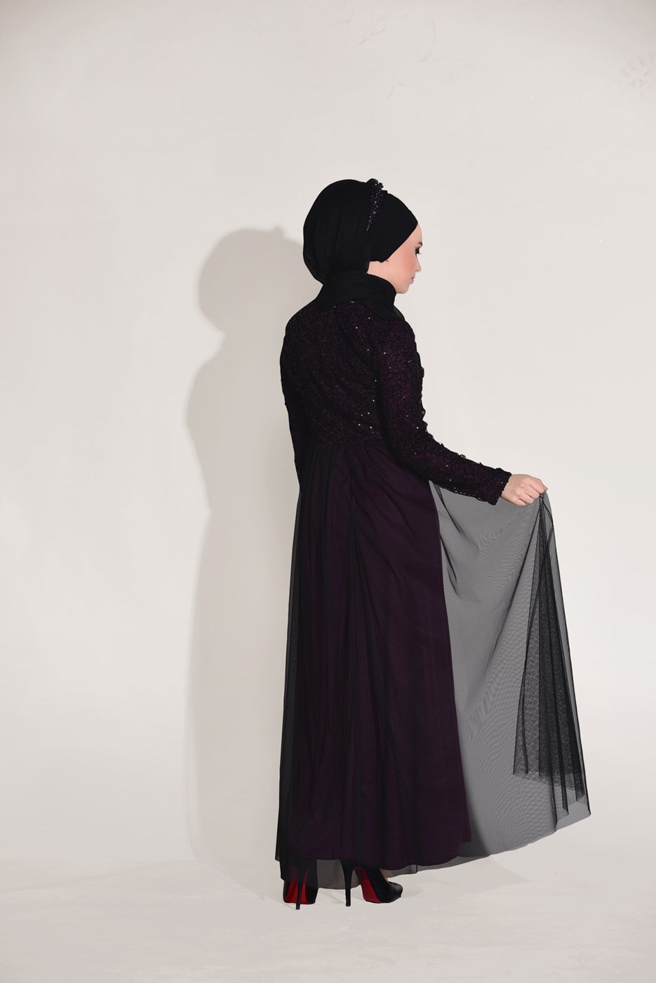 Vêtements hijab PRUNE ROBE DE SOIRÉE GUIPUÉE DÉTAIL DENTELLE T 56625
