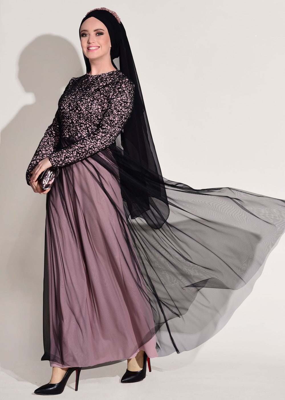 Tesettür giyim PUDRA TÜL DETAYLI GÜPÜRLÜ ABİYE ELBİSE T 56625