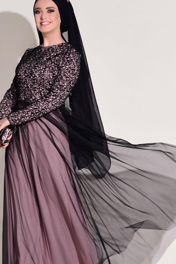 Vêtements hijab  LACE DETAIL GUIPURED EVENING DRESS T 56625   - TRENDTESETTÜR