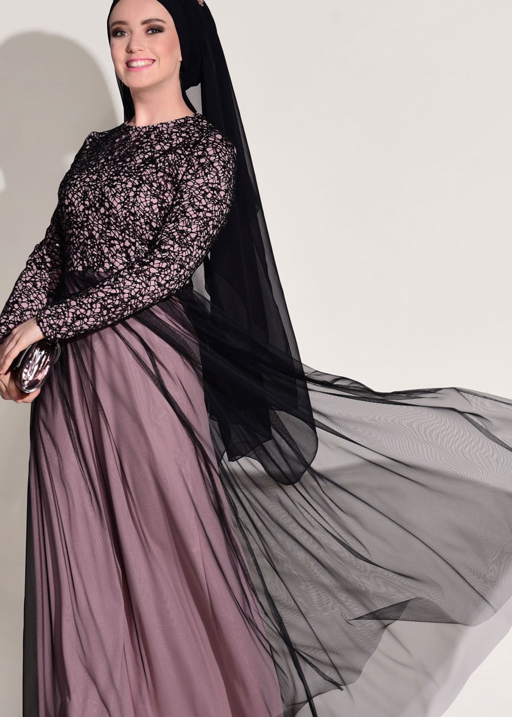 Tesettür giyim PUDRA TÜL DETAYLI GÜPÜRLÜ ABİYE ELBİSE T 56625