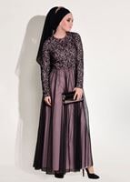 Tesettür giyim PUDRA TÜL DETAYLI GÜPÜRLÜ ABİYE ELBİSE T 56625