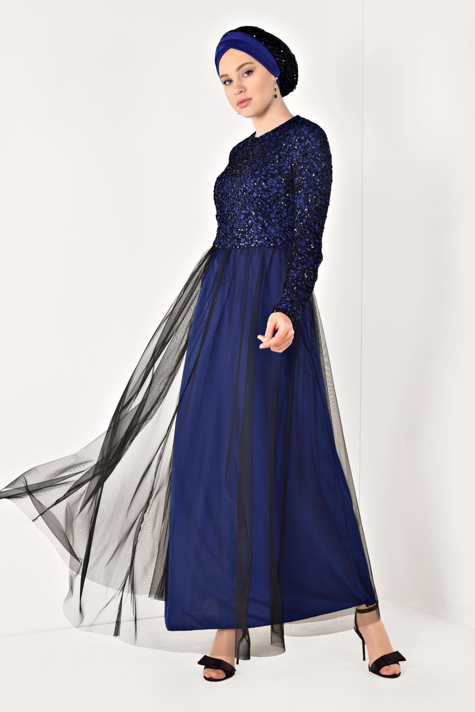 Tesettür giyim LACİVERT TÜL DETAYLI GÜPÜRLÜ ABİYE ELBİSE T 56625