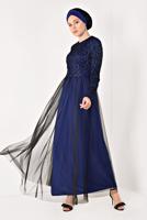 Tesettür giyim LACİVERT TÜL DETAYLI GÜPÜRLÜ ABİYE ELBİSE T 56625