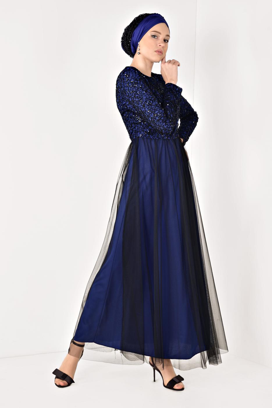 Tesettür giyim LACİVERT TÜL DETAYLI GÜPÜRLÜ ABİYE ELBİSE T 56625