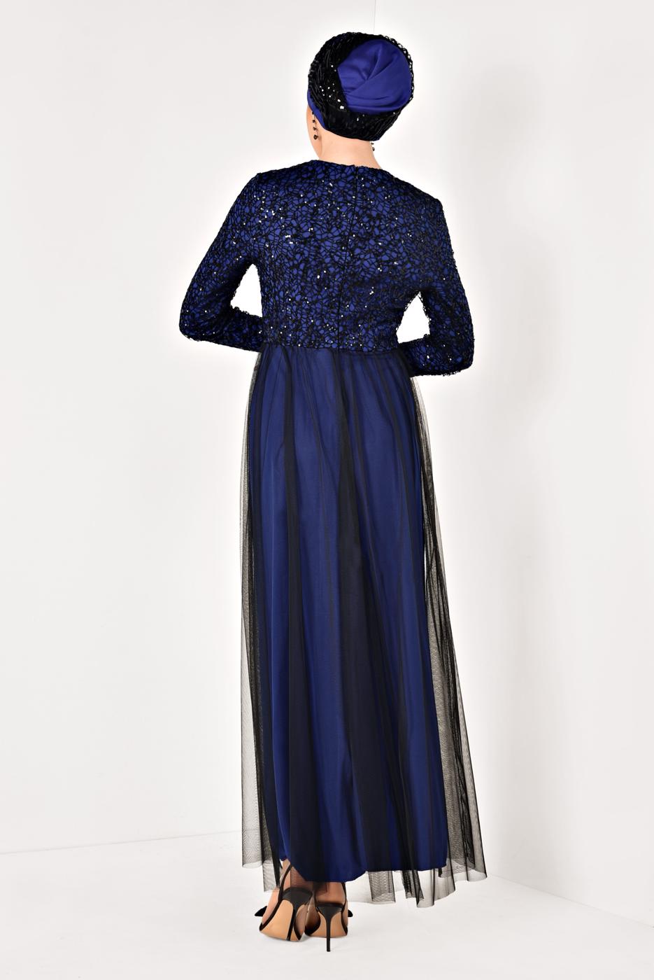 Tesettür giyim LACİVERT TÜL DETAYLI GÜPÜRLÜ ABİYE ELBİSE T 56625