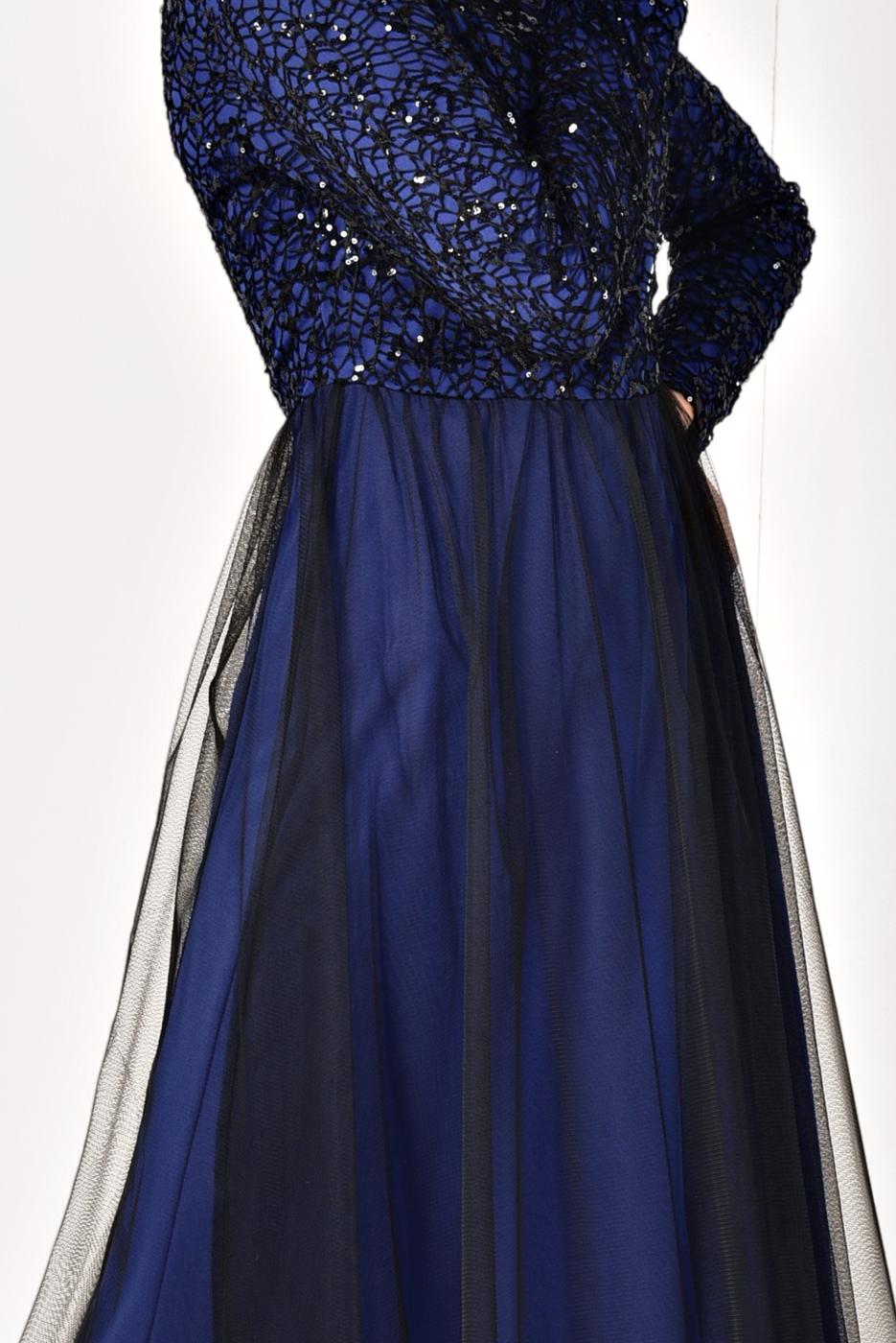 Tesettür giyim LACİVERT TÜL DETAYLI GÜPÜRLÜ ABİYE ELBİSE T 56625