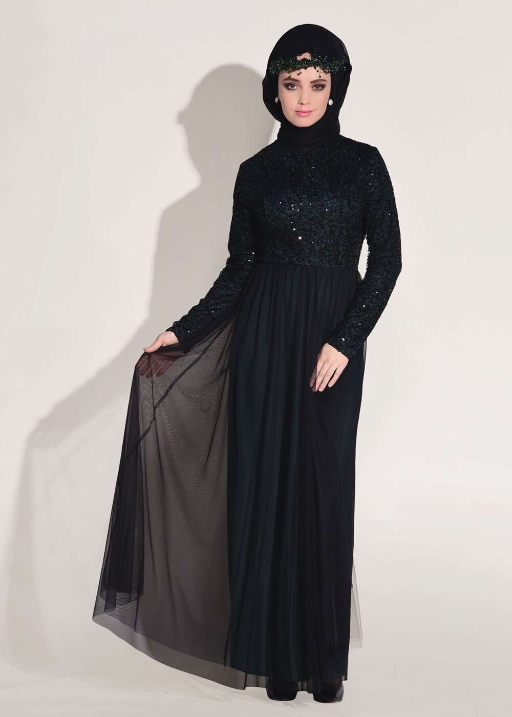 Vêtements hijab VERT ROBE DE SOIRÉE GUIPUÉE DÉTAIL DENTELLE T 56625
