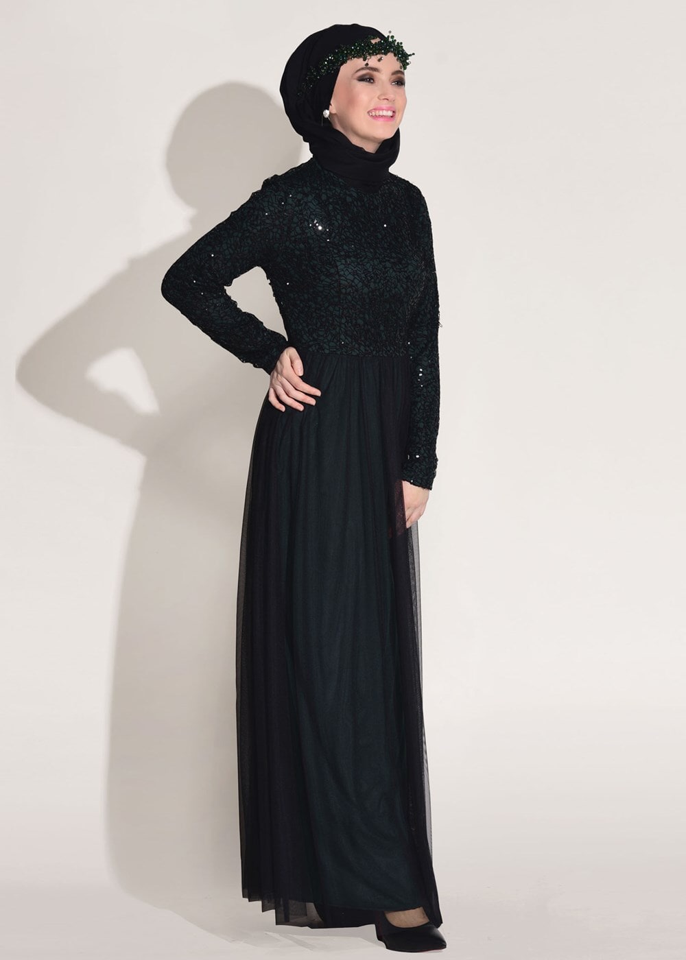 Vêtements hijab VERT ROBE DE SOIRÉE GUIPUÉE DÉTAIL DENTELLE T 56625