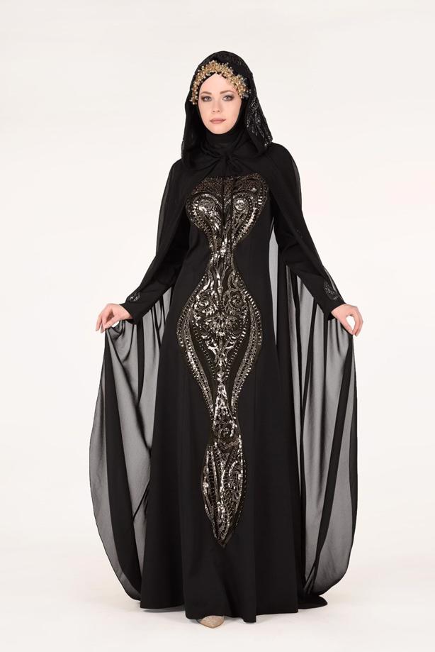 Tesettür giyim  PELERİNLİ İŞLEME DETAYLI ABİYE ELBİSE 68102  - TRENDTESETTÜR