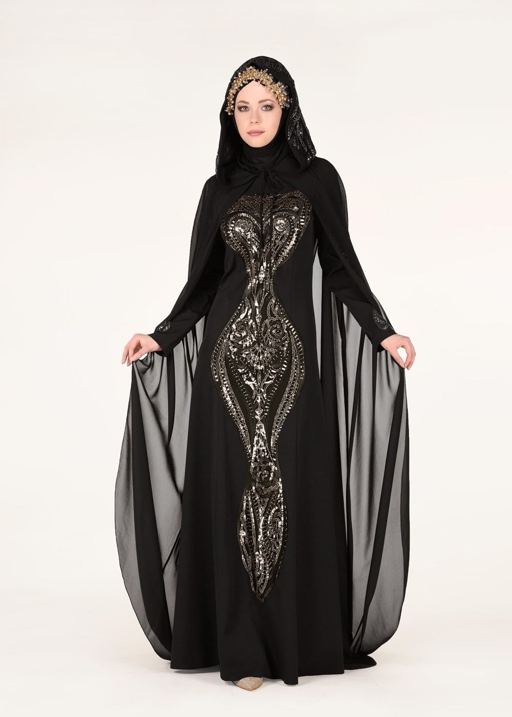 Hijab clothing BLACK EVENING DRESS WITH EMBROIDERED CAPE 68102 