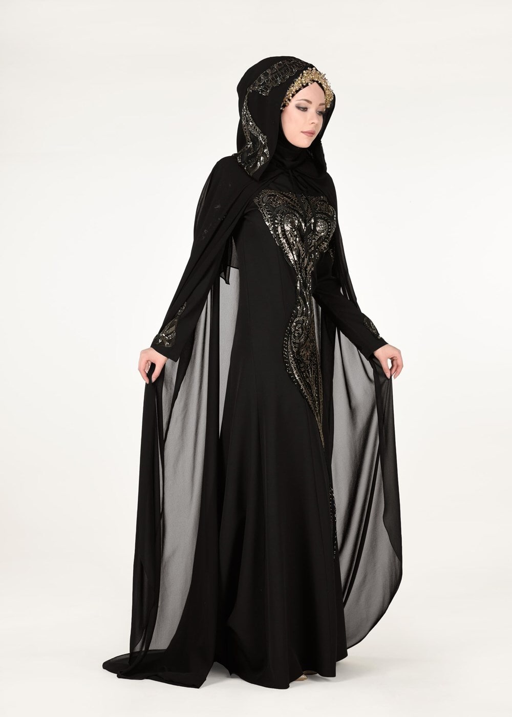 Hijab clothing BLACK EVENING DRESS WITH EMBROIDERED CAPE 68102 