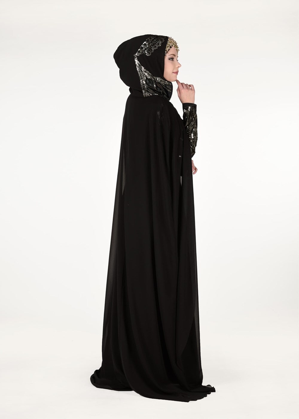 Hijab clothing BLACK EVENING DRESS WITH EMBROIDERED CAPE 68102 