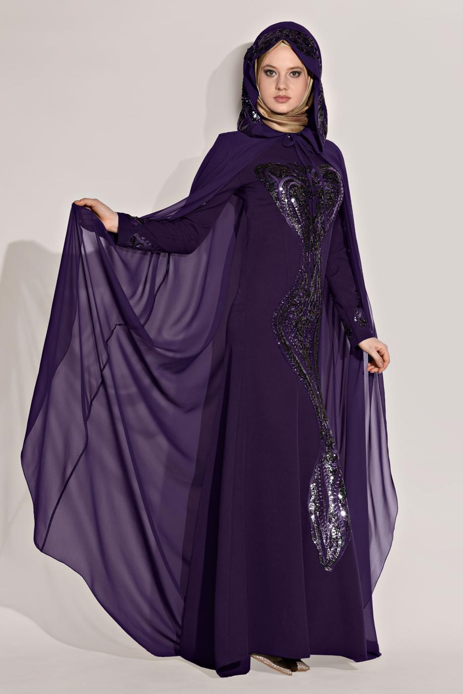 Vêtements hijab POURPRE ROBE DE SOIRÉE DÉTAILLÉE AVEC BRODERIE AVEC MANTEAU 68102