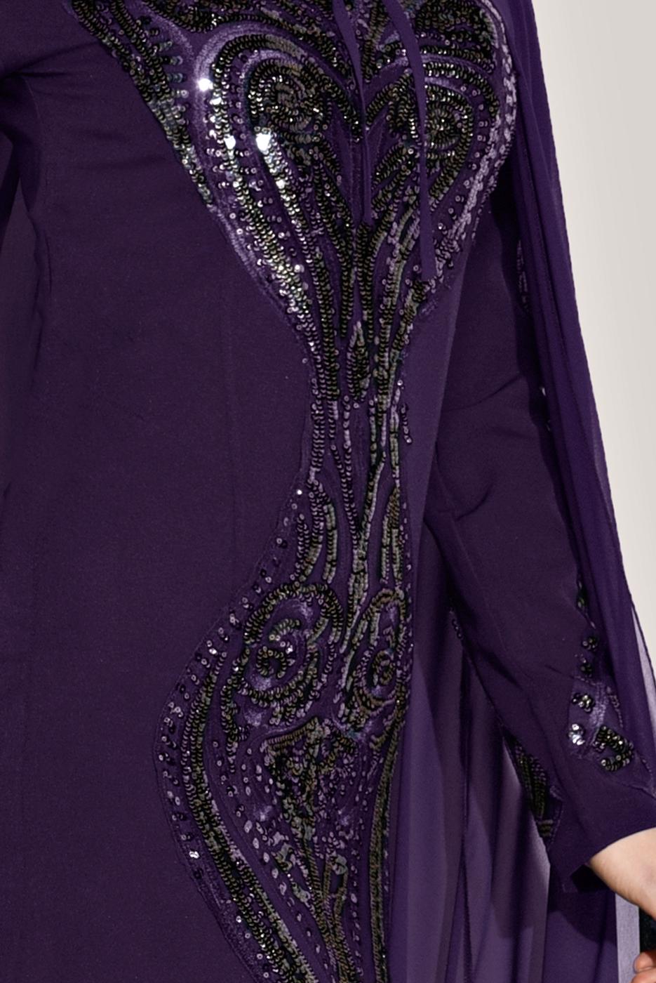 Vêtements hijab POURPRE ROBE DE SOIRÉE DÉTAILLÉE AVEC BRODERIE AVEC MANTEAU 68102