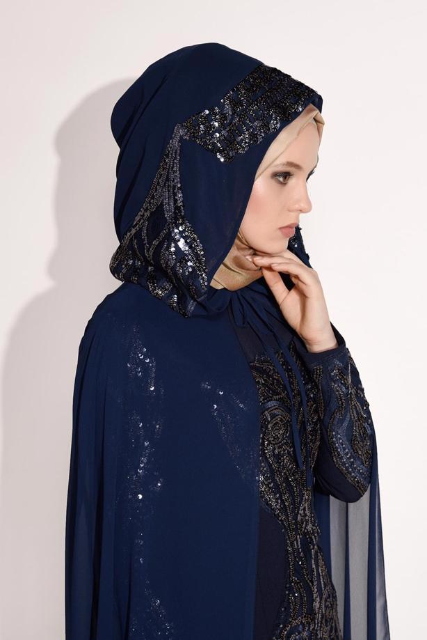 Tesettür giyim  PELERİNLİ İŞLEME DETAYLI ABİYE ELBİSE 68102  - TRENDTESETTÜR