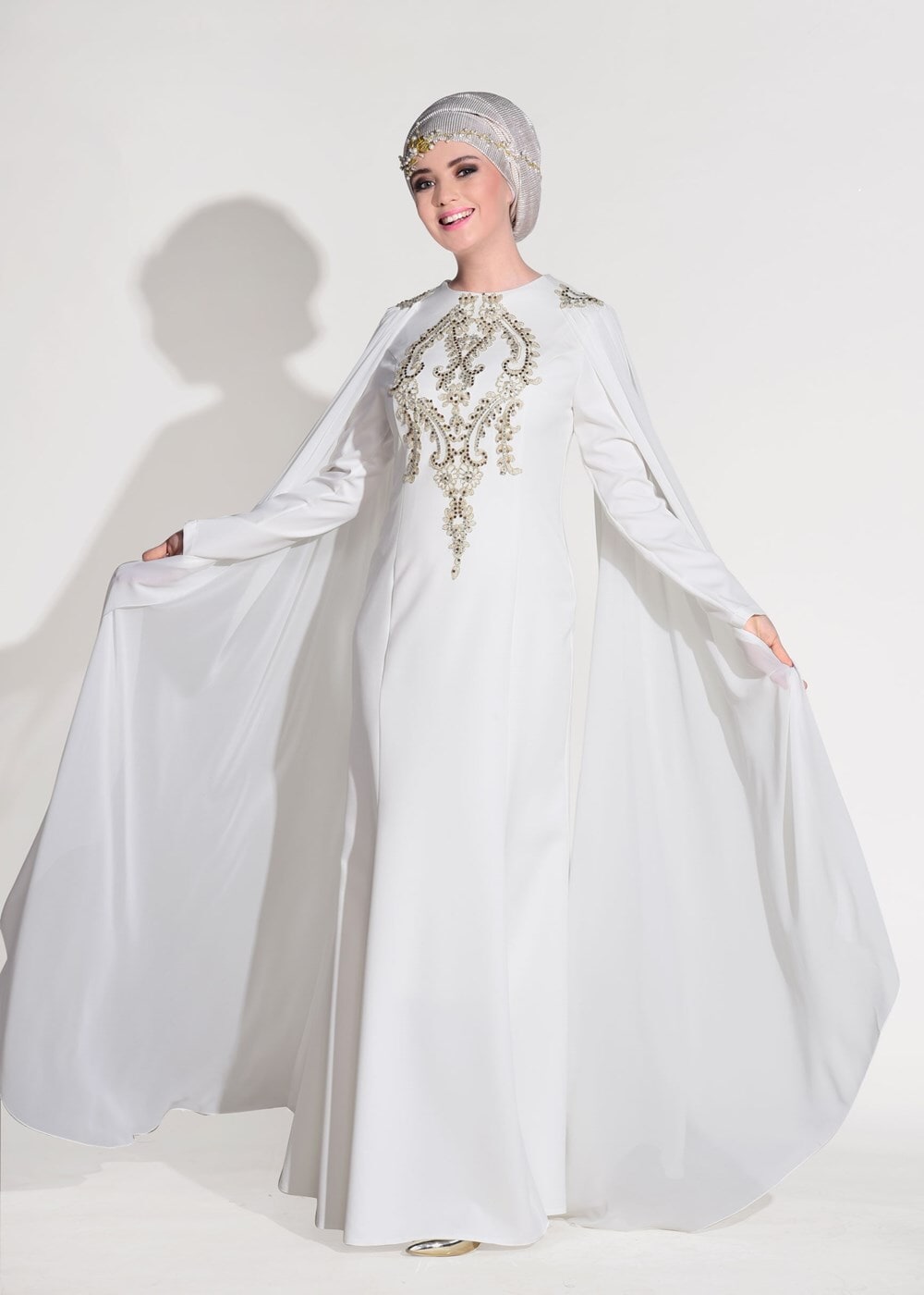 Tesettür giyim KREM GÜPÜR İŞLEME DETAYLI ABİYE ELBİSE 68625