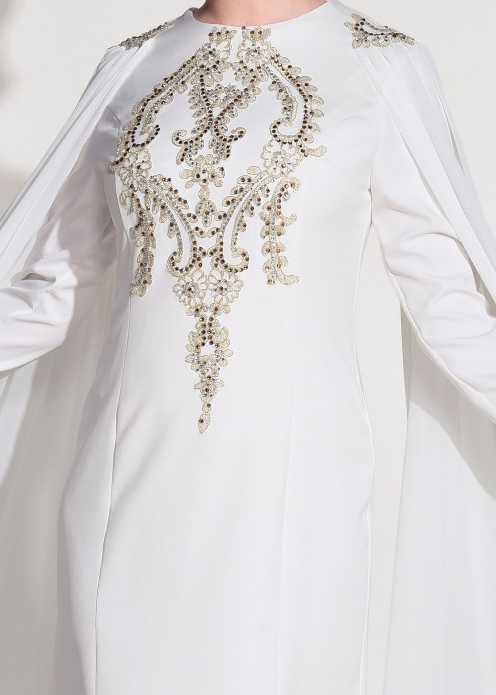 Tesettür giyim KREM GÜPÜR İŞLEME DETAYLI ABİYE ELBİSE 68625