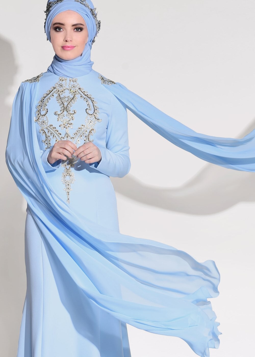 Tesettür giyim MAVİ GÜPÜR İŞLEME DETAYLI ABİYE ELBİSE 68625