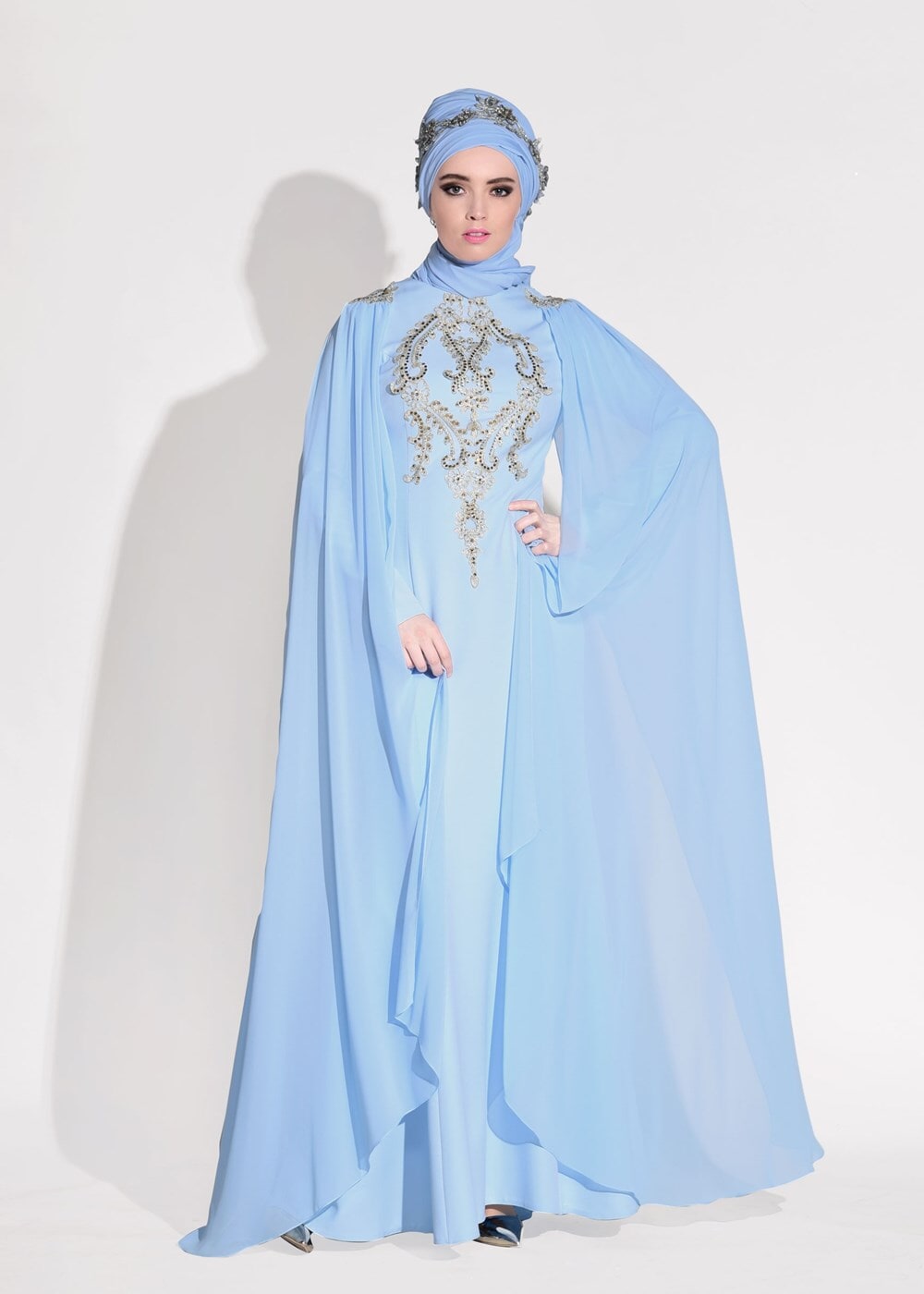 Tesettür giyim MAVİ GÜPÜR İŞLEME DETAYLI ABİYE ELBİSE 68625
