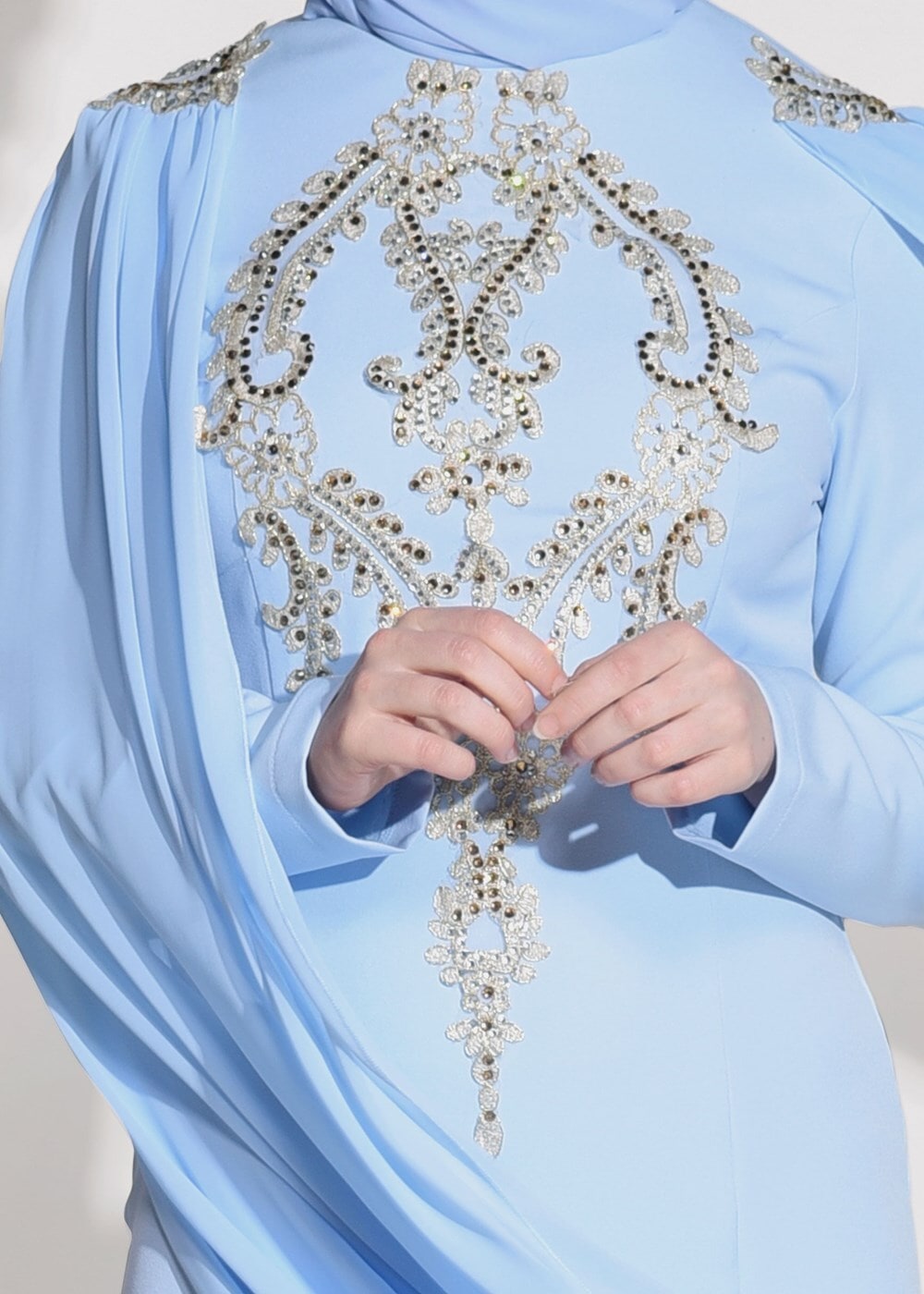 Tesettür giyim MAVİ GÜPÜR İŞLEME DETAYLI ABİYE ELBİSE 68625