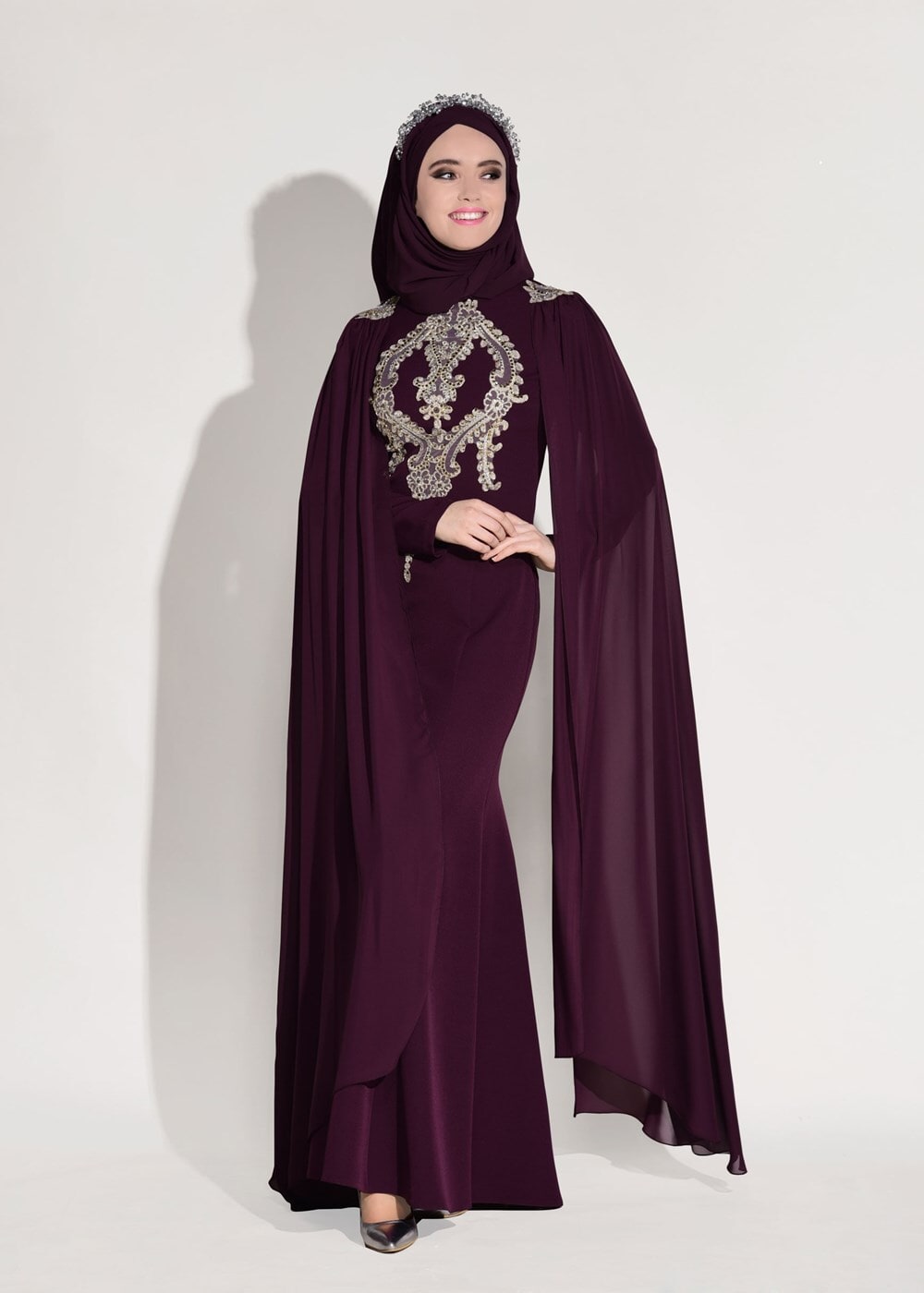Tesettür giyim MÜRDÜM GÜPÜR İŞLEME DETAYLI ABİYE ELBİSE 68625