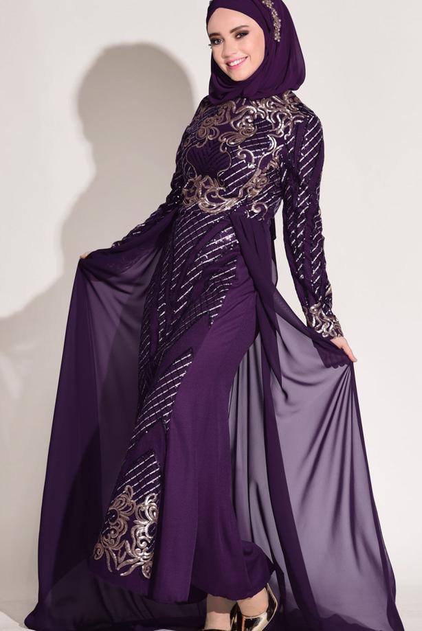Tesettür giyim  İŞLEMELİ ŞİFON DETAYLI ABİYE ELBİSE 87625 - TRENDTESETTÜR