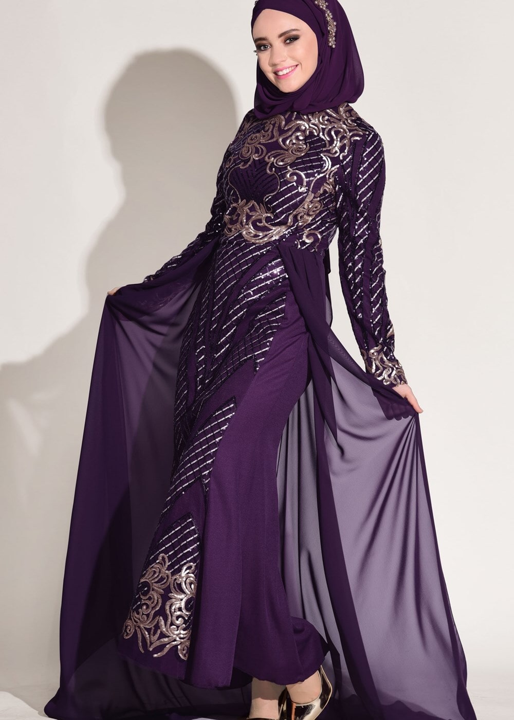 Hijab clothing PURPLE Embroidered Chiffon Detailed Evening Dress T 87625 