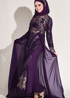 Hijab clothing PURPLE Embroidered Chiffon Detailed Evening Dress T 87625 