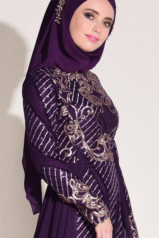 Tesettür giyim  İŞLEMELİ ŞİFON DETAYLI ABİYE ELBİSE 87625 - TRENDTESETTÜR