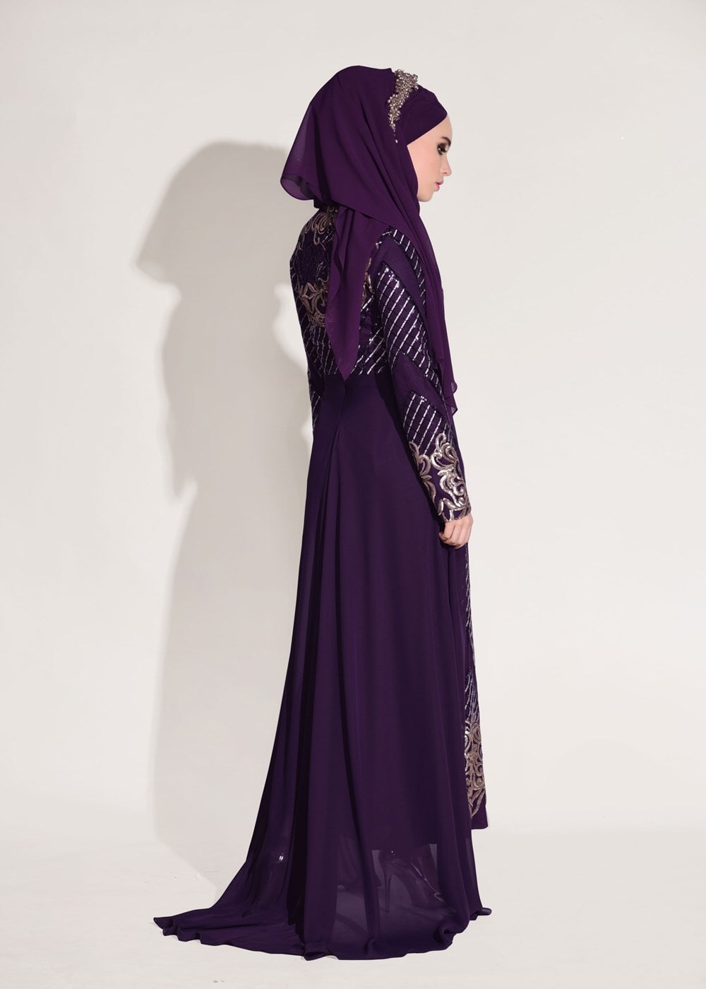 Hijab clothing PURPLE Embroidered Chiffon Detailed Evening Dress T 87625 