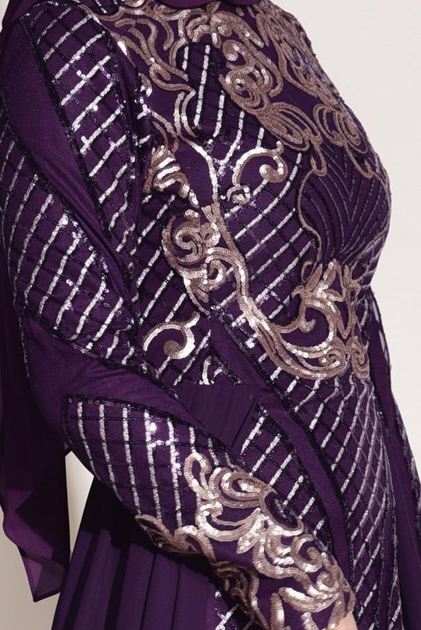 Tesettür giyim  İŞLEMELİ ŞİFON DETAYLI ABİYE ELBİSE 87625 - TRENDTESETTÜR