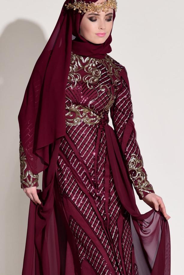 Tesettür giyim  İŞLEMELİ ŞİFON DETAYLI ABİYE ELBİSE 87625 - TRENDTESETTÜR